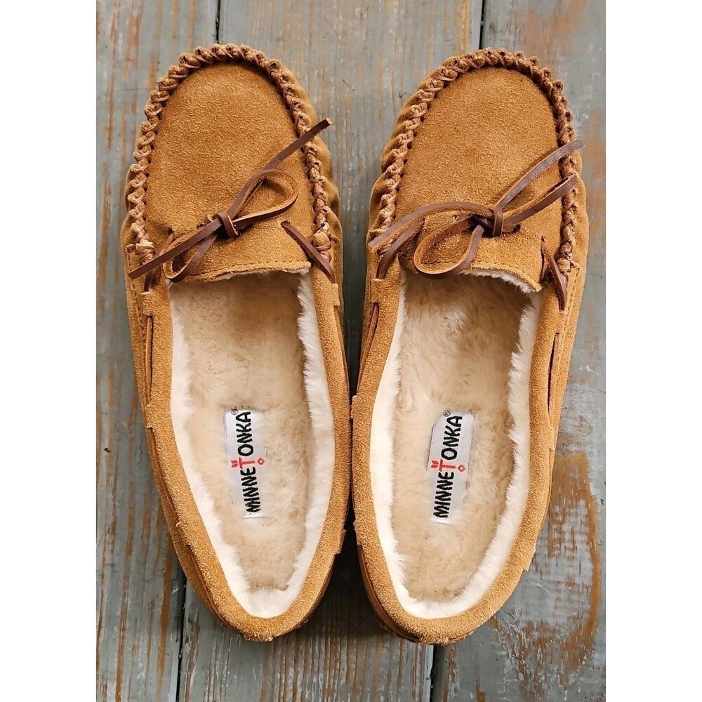 Minnetonka Cally Moccasin Tan Suede Leather Moccasins Sz 11 NEW